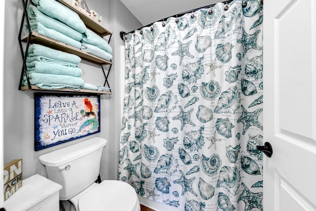 bathroom with a shower with shower curtain and toilet