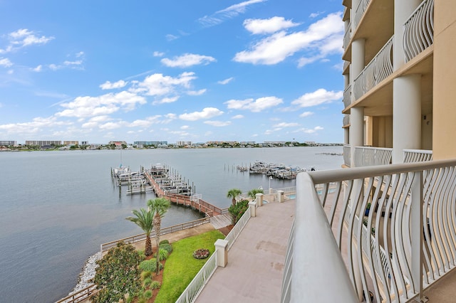 view of water feature with a dock