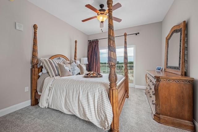 carpeted bedroom featuring access to exterior and ceiling fan