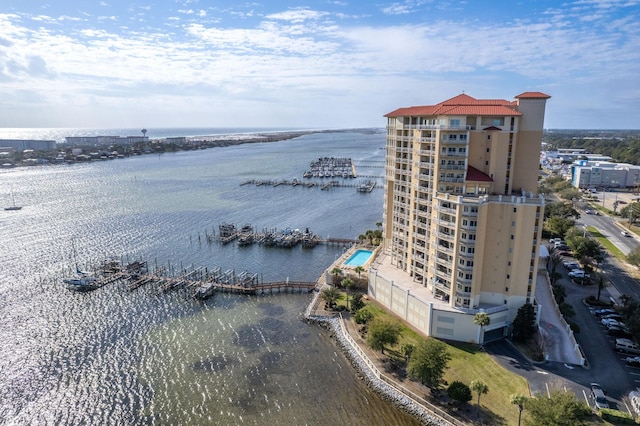 drone / aerial view with a water view