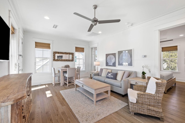 living room featuring ceiling fan, dark hardwood / wood-style flooring, crown molding, and a wealth of natural light