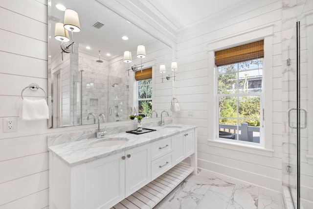 bathroom featuring wooden walls, plenty of natural light, vanity, and walk in shower