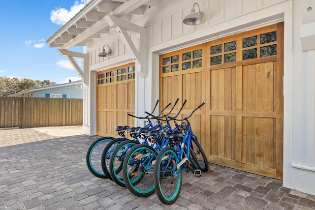 view of patio / terrace featuring a garage