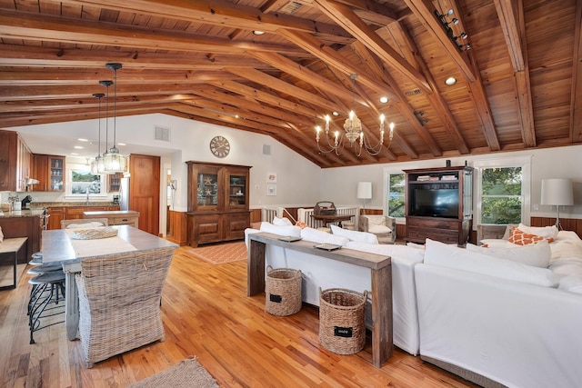 living room with lofted ceiling with beams, light hardwood / wood-style flooring, wood ceiling, and sink