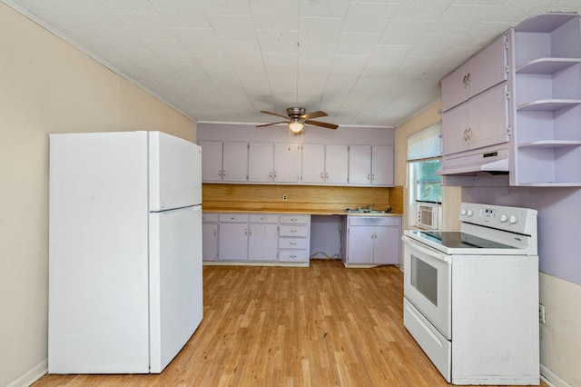 kitchen featuring white appliances, light hardwood / wood-style floors, and ceiling fan