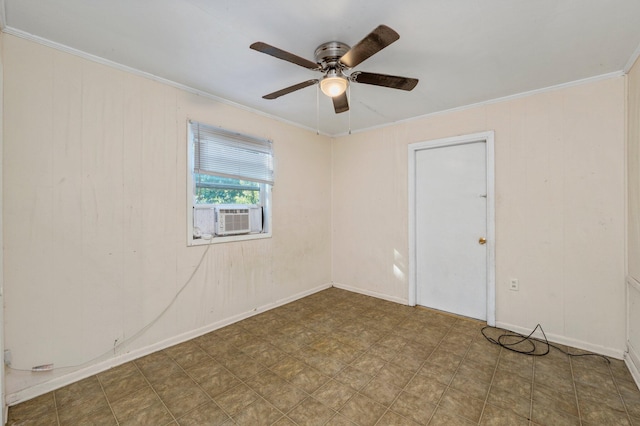 empty room featuring cooling unit, crown molding, and ceiling fan