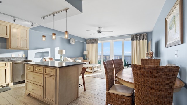 9860 S Thomas Dr Unit 1805, Panama City Beach, FL 32408 - kitchen with a water view, rail lighting, hanging light fixtures, stainless steel dishwasher, and ceiling fan