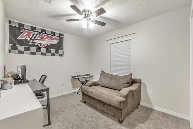 carpeted office space with ceiling fan and a textured ceiling