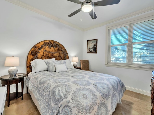 bedroom with ceiling fan and crown molding