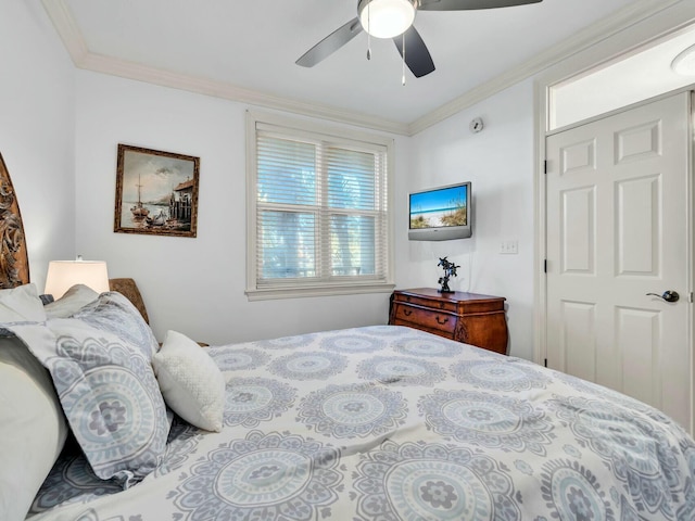 bedroom with ceiling fan, crown molding, and a closet