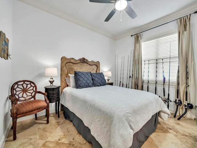 bedroom featuring ceiling fan and crown molding