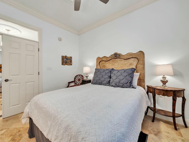 bedroom with ceiling fan and crown molding