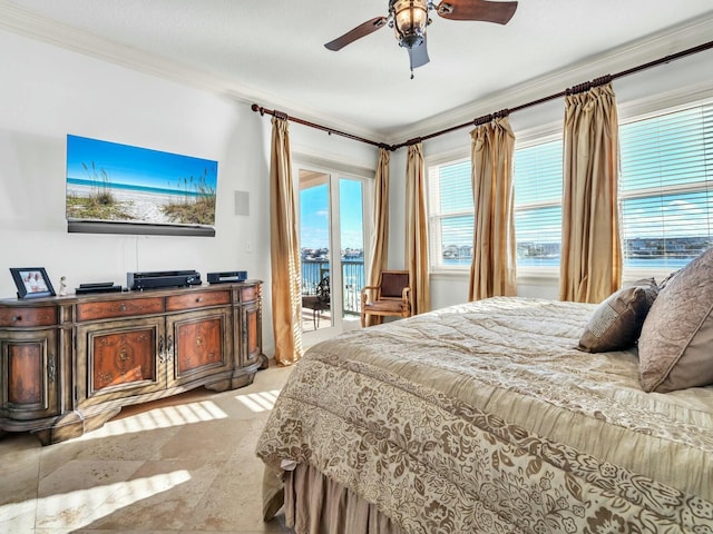 bedroom featuring access to exterior, ceiling fan, and crown molding