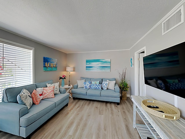 living room with a textured ceiling, light wood-type flooring, and crown molding