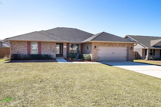 ranch-style home featuring a garage and a front yard