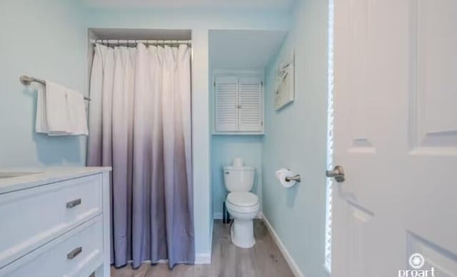 bathroom featuring hardwood / wood-style flooring, vanity, and toilet