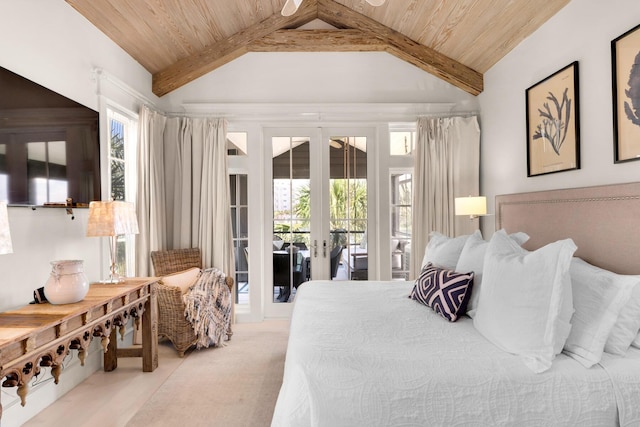 bedroom with french doors, lofted ceiling with beams, access to outside, and wood ceiling