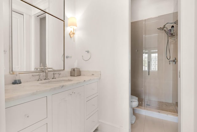 bathroom featuring walk in shower, tile patterned flooring, vanity, and toilet