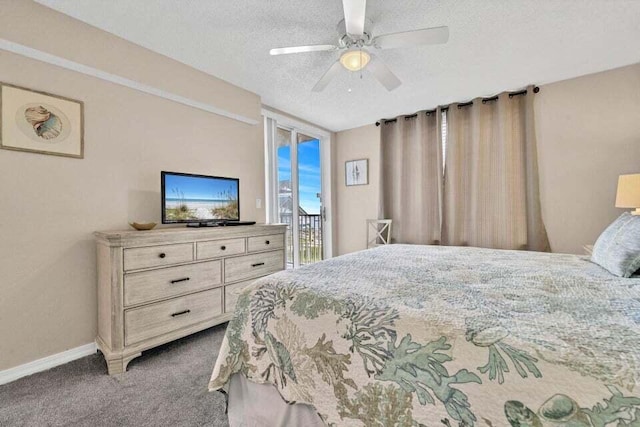 bedroom featuring access to outside, ceiling fan, carpet flooring, and a textured ceiling