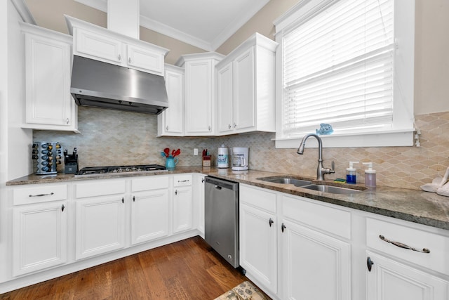 kitchen featuring white cabinetry, appliances with stainless steel finishes, sink, and ornamental molding