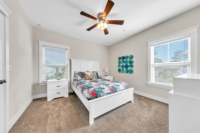 bedroom featuring ceiling fan, carpet flooring, and multiple windows