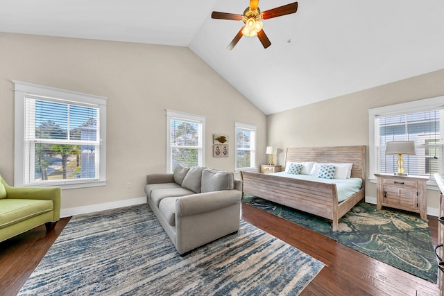 bedroom featuring ceiling fan, high vaulted ceiling, and dark hardwood / wood-style flooring