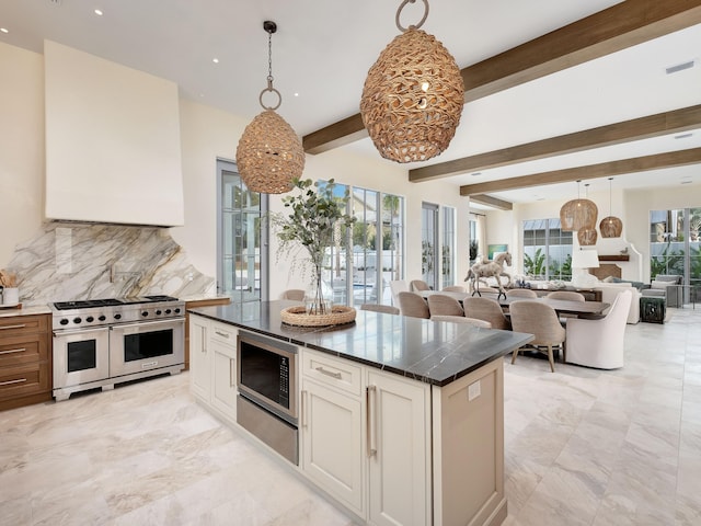 kitchen with beamed ceiling, pendant lighting, backsplash, and stainless steel appliances