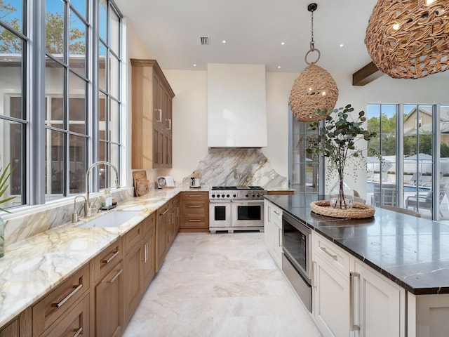 kitchen with backsplash, ventilation hood, sink, white cabinetry, and stainless steel appliances