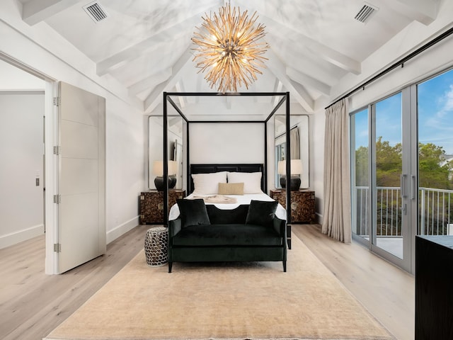 bedroom with french doors, vaulted ceiling with beams, access to exterior, light wood-type flooring, and a chandelier