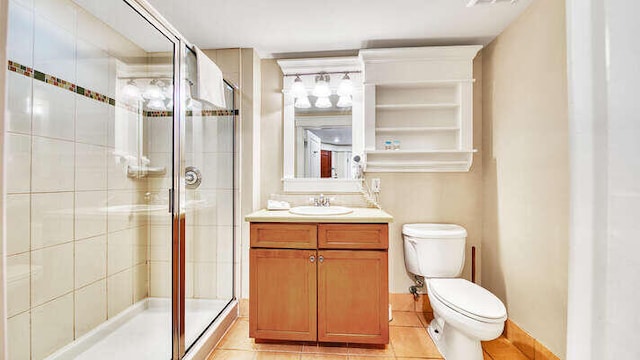 bathroom featuring a stall shower, visible vents, toilet, tile patterned flooring, and vanity