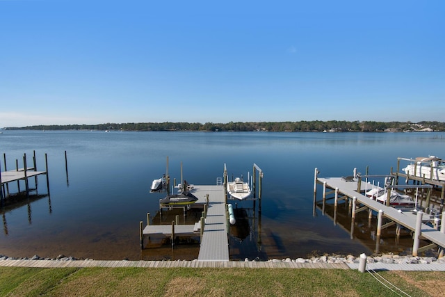 dock area with boat lift and a water view