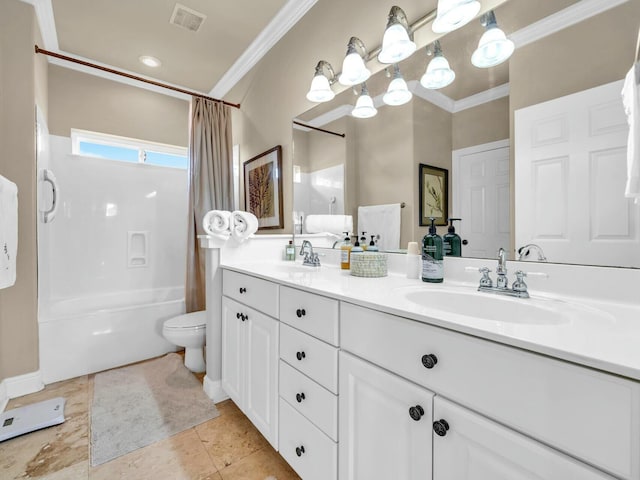 full bathroom with toilet, vanity, crown molding, and shower / bath combo