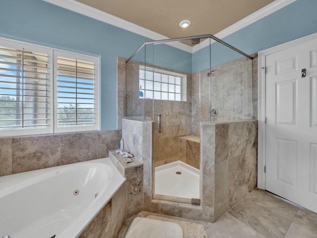 bathroom with plenty of natural light, independent shower and bath, and crown molding