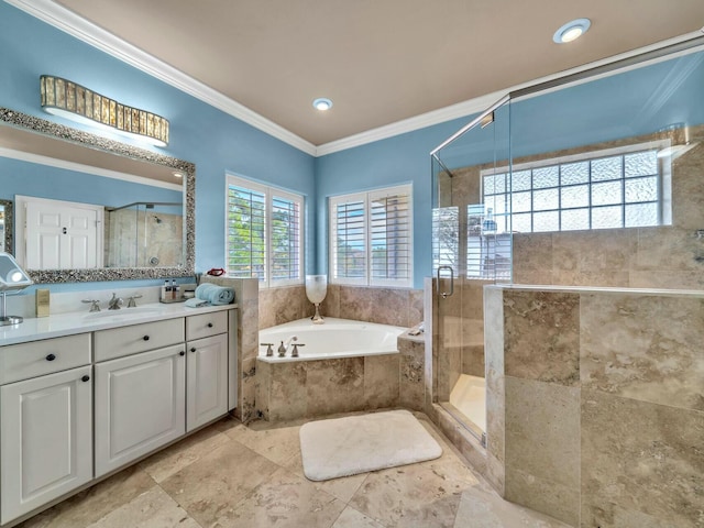 bathroom featuring vanity, crown molding, and plus walk in shower