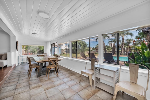 sunroom featuring wood ceiling