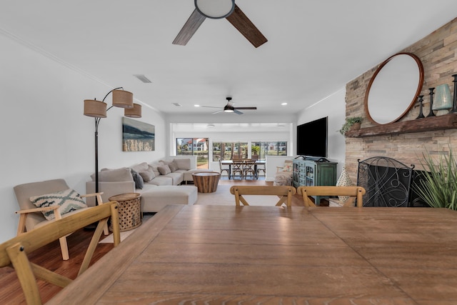 living room featuring ceiling fan and a fireplace