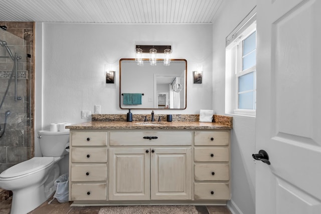 bathroom with vanity, toilet, and a shower with shower door