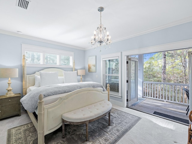 bedroom featuring access to exterior, crown molding, a notable chandelier, and carpet flooring