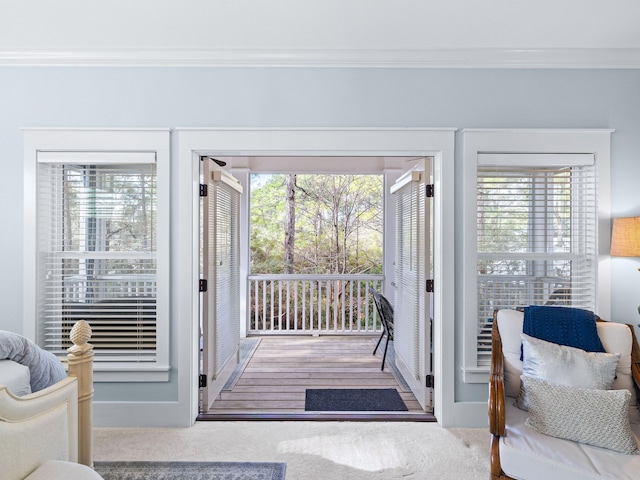 doorway with ornamental molding, carpet floors, and a wealth of natural light