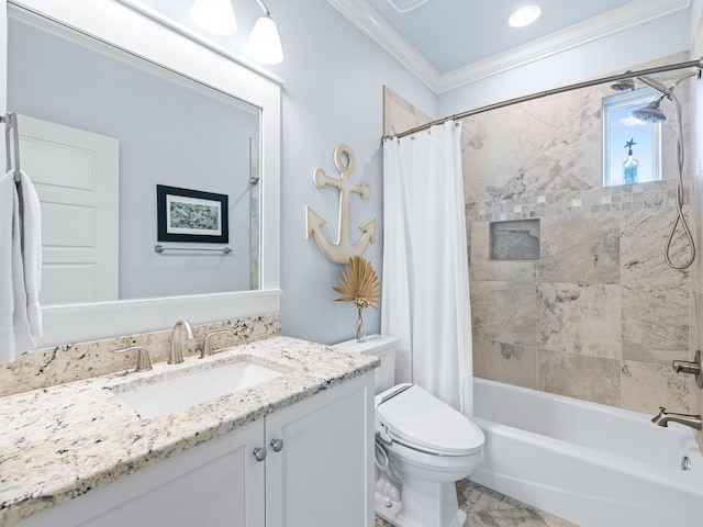 full bathroom featuring crown molding, vanity, toilet, and shower / bath combo with shower curtain