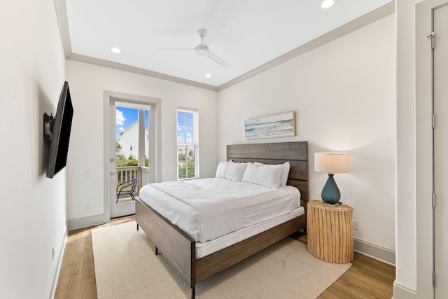 bedroom with ceiling fan, access to exterior, crown molding, and light hardwood / wood-style flooring