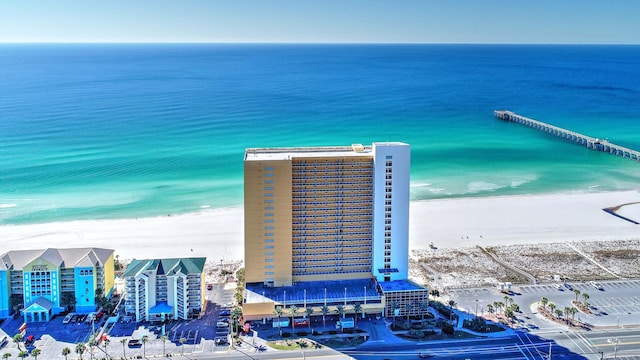 bird's eye view with a water view and a view of the beach