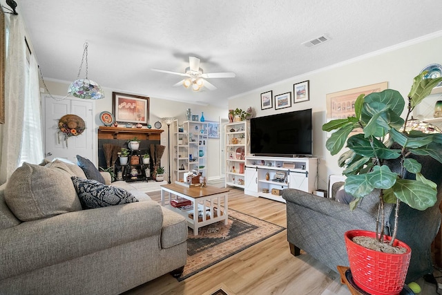 living room with crown molding, ceiling fan, a textured ceiling, and light wood-type flooring