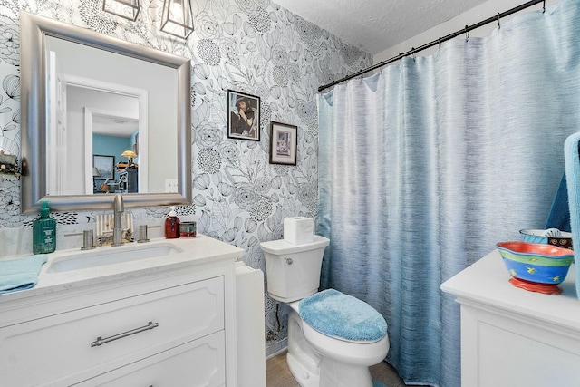 bathroom with vanity, a textured ceiling, and toilet