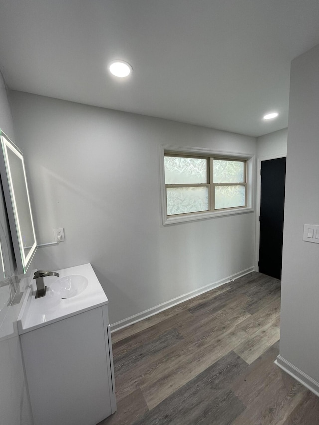 bathroom featuring hardwood / wood-style floors and vanity