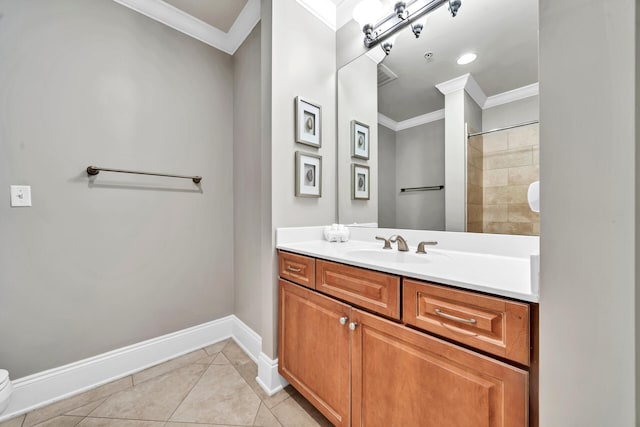 bathroom featuring tile patterned floors, walk in shower, ornamental molding, vanity, and toilet