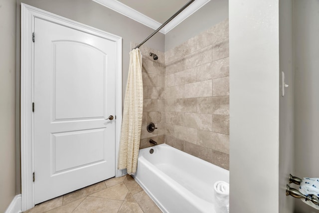 bathroom with crown molding, tile patterned flooring, and shower / tub combo