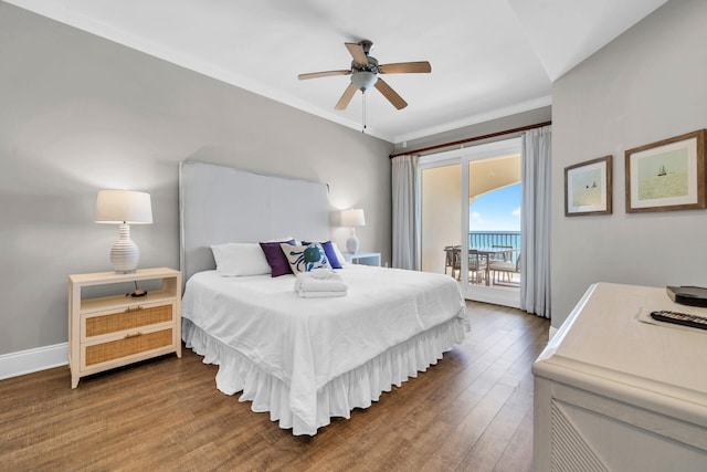 bedroom with access to exterior, ceiling fan, hardwood / wood-style floors, and crown molding