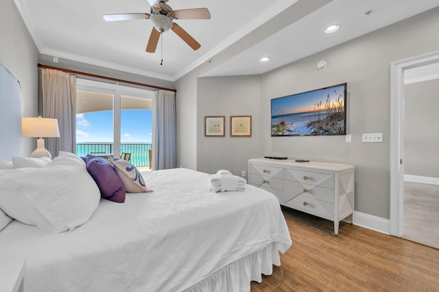 bedroom featuring ceiling fan, access to exterior, light wood-type flooring, and crown molding