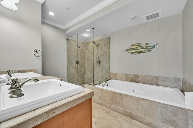 bathroom with separate shower and tub, tile patterned flooring, vanity, and ornamental molding